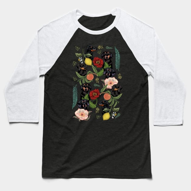 Botanical and Black Dachshund Baseball T-Shirt by huebucket